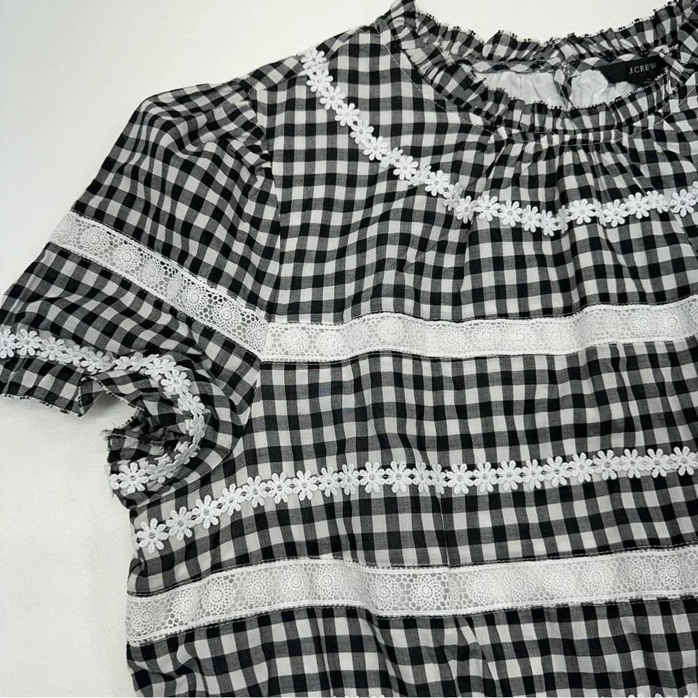 J. Crew Black and White Gingham Smocked Waist Puff Sleeve Blouse